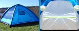 Left side: A blue and teal camping tent set up on a grassy area 2. Right side: A white car cover with neon green stripes on a car