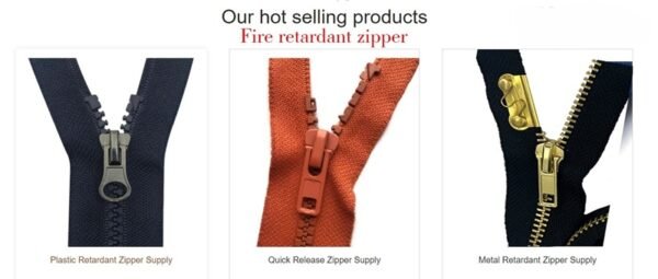 Display-of-hot-selling-fire-retardant-zippers-including-plastic-quick-release-and-metal-types