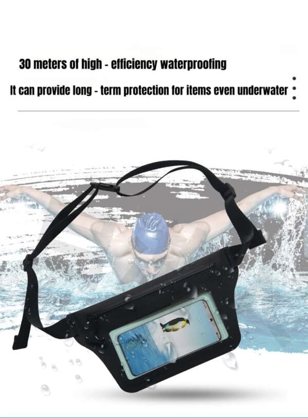 A black waterproof waist bag with a phone display, offering 30 - meter high - efficiency waterproofing