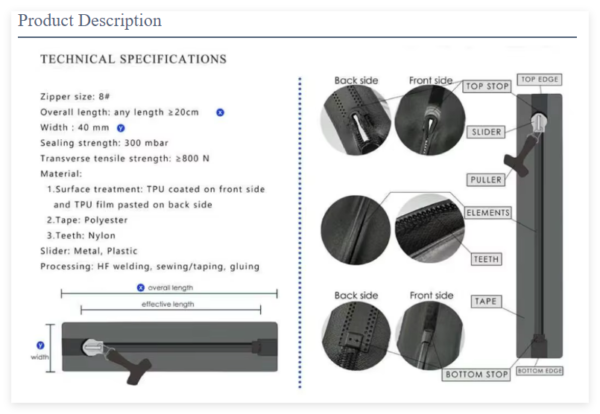 Product description page with technical specifications of an 8# zipper, including size, strength, and material details