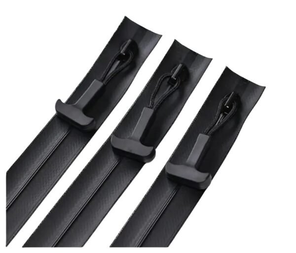 Three black waterproof zippers with large sliders and cord pulls