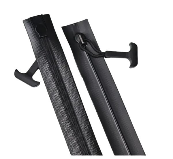 wo black zippers with large pull tabs and textured surfaces