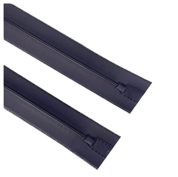 Two long black zippers with sliders at the bottom end