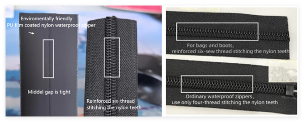 Comparison of an environmentally friendly PU film coated nylon waterproof zipper, highlighting stitching differences