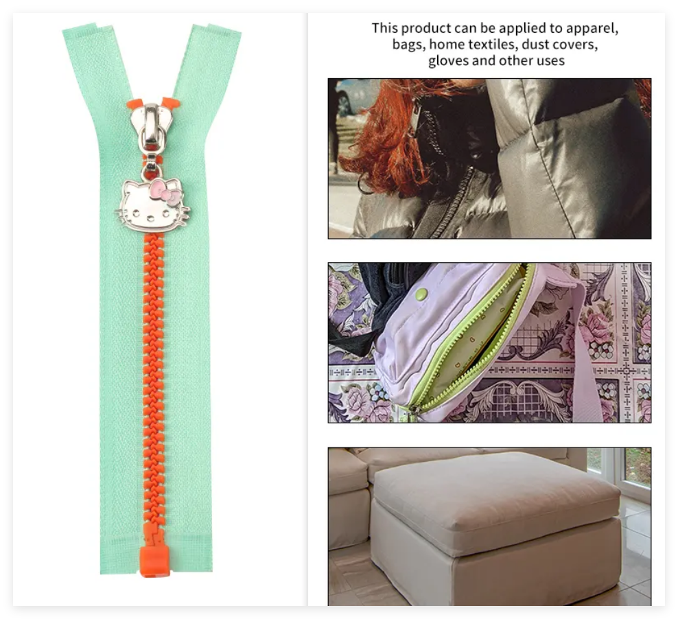 A light green zipper with orange teeth and a Hello Kitty - shaped zipper pull, along with images demonstrating its applications in apparel, bags, and home textiles