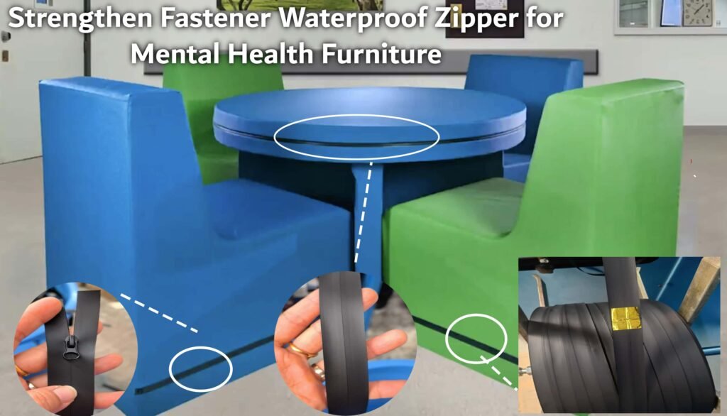 Strengthened fastener waterproof zipper applied to mental health furniture, featuring soft padded tables and chairs in a clinical setting