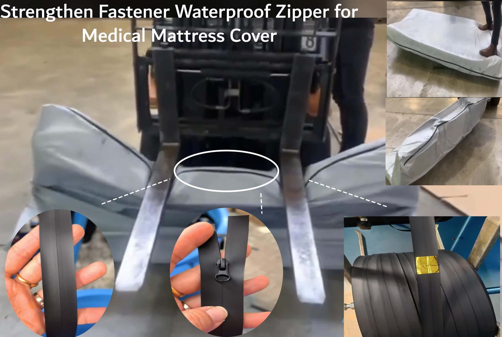 Strengthened waterproof zipper for medical mattress covers, shown in a factory production line with close-up details of the zipper and finished mattress covers being handled by a forklift