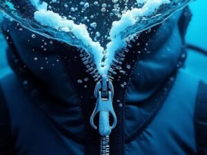 A close - up of a metallic zipper on a dark jacket, surrounded by water bubbles and snow, highlighting its waterproof feature.