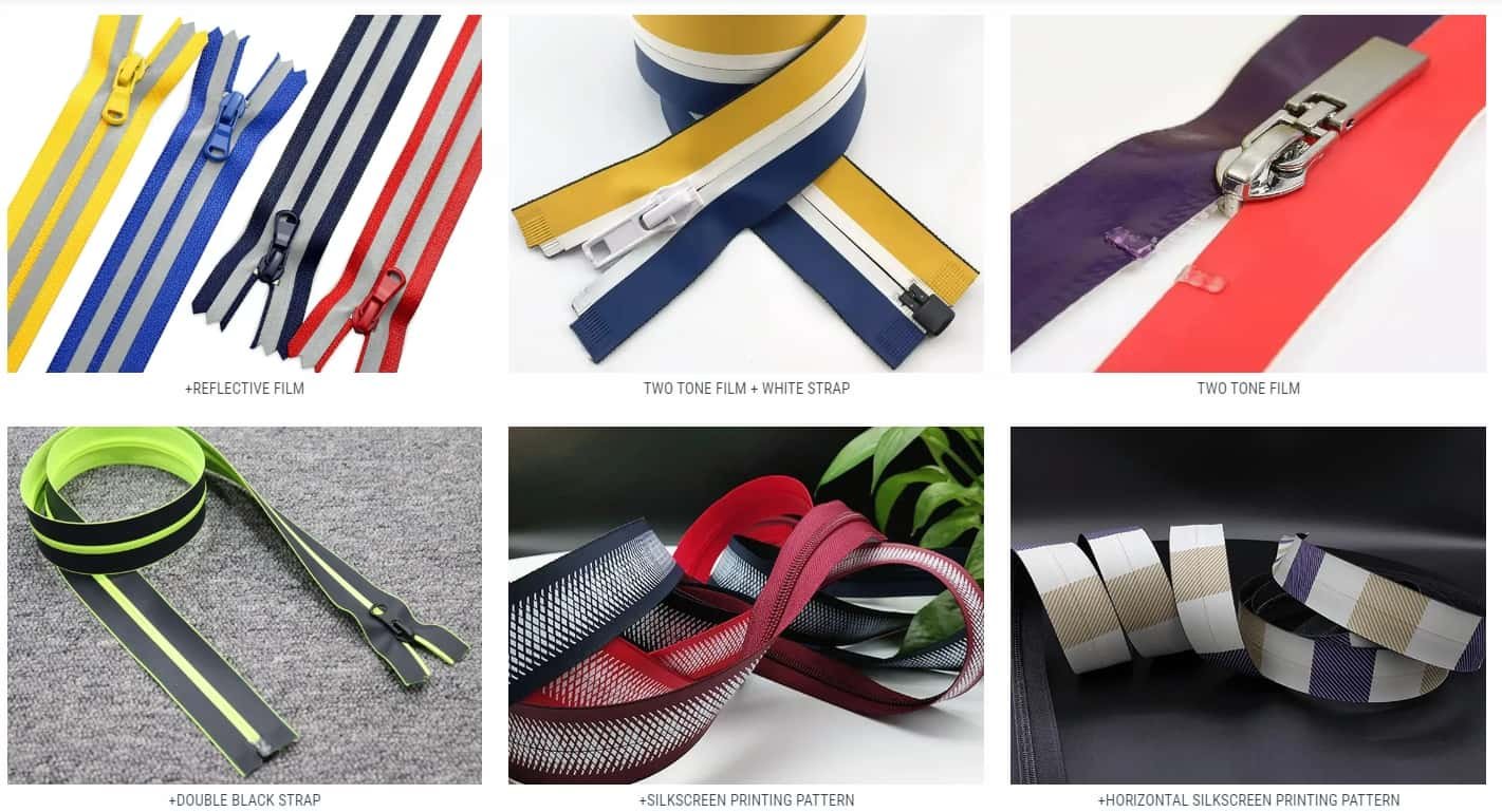 A collage of six images showcasing various types of zippers with different features such as reflective film, two - tone film, double black strap, and silkscreen printing patterns.