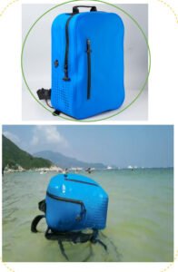 Bright blue waterproof backpack, floating dry bag backpack for beach and water sports, shown both on a white background and in shallow ocean water