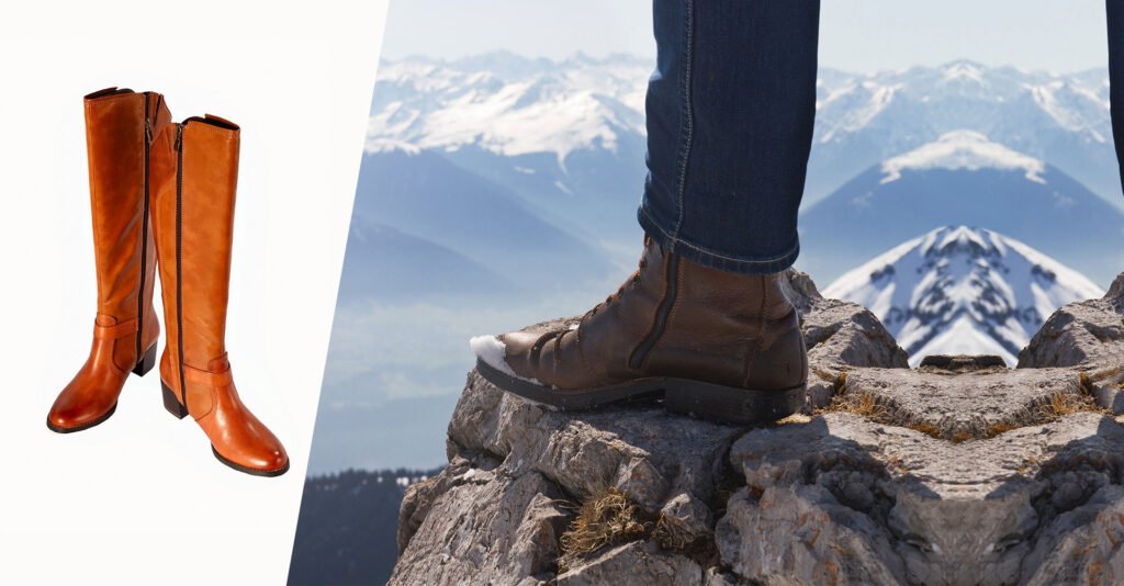 Boots with zippers, one pair on a plain background and the other on a mountain climbing scene