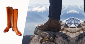 Boots with zippers, one pair on a plain background and the other on a mountain climbing scene