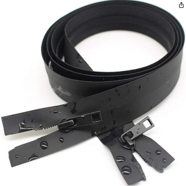 "A black waterproof zipper coil with droplets of water on the surface