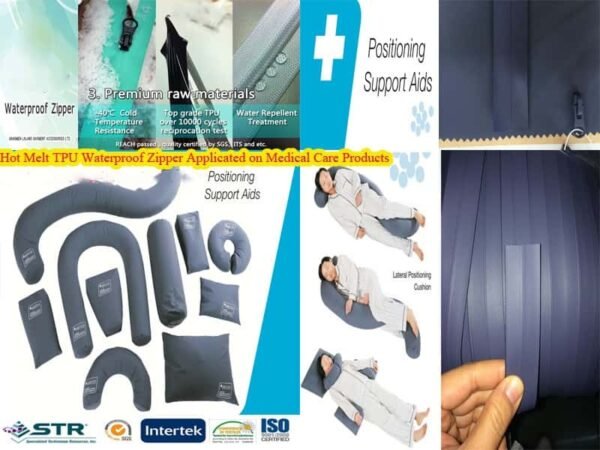 Promotional graphic for hot melt TPU waterproof zippers used in medical care positioning support aids