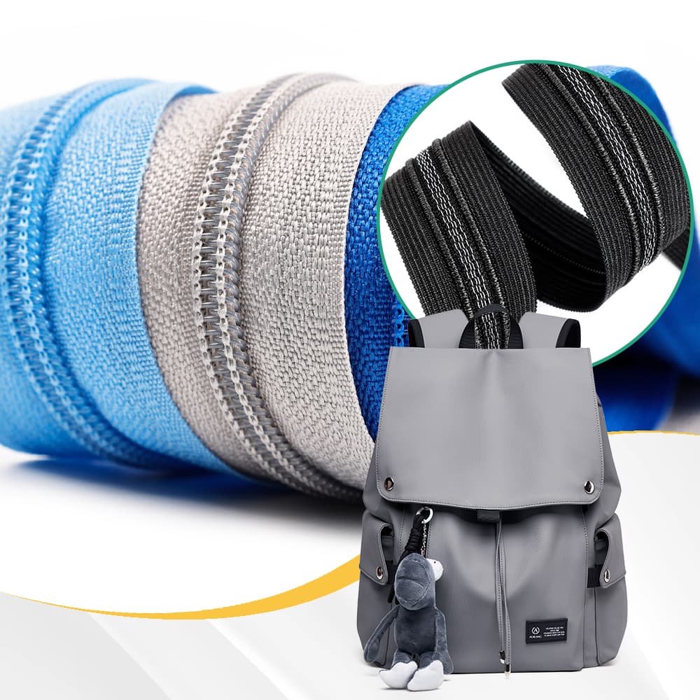 Different colored zippers shown with a backpack, highlighting their application