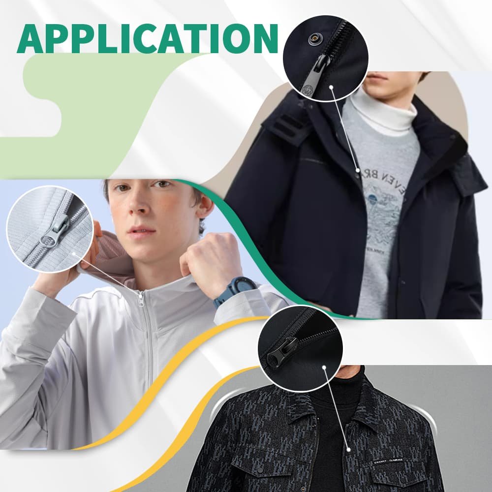 Images demonstrating the application of zippers on various men's jackets