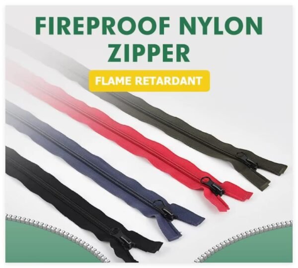 Fireproof nylon zippers in multiple colors with "FLAME RETARDANT" label