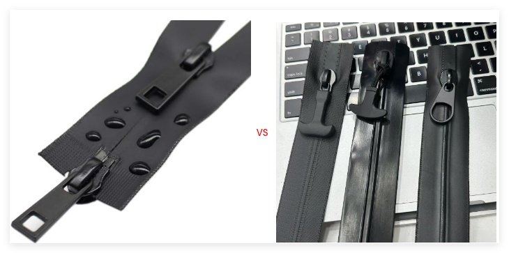 Comparison image of black zippers; left shows a zipper with water droplets and right has zippers placed on a laptop keyboard