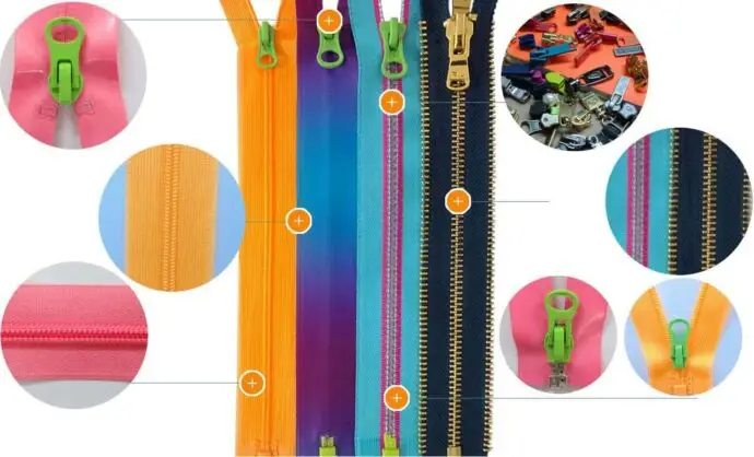 A visual display of various colorful zippers with detailed close - up shots of zipper components and sliders