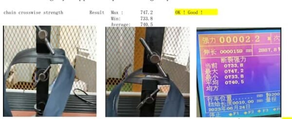 Testing results for zipper chain crosswise strength with test equipment views