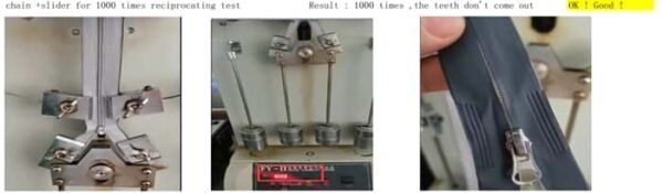 Reciprocating test equipment for zipper and a close - up of a tested zipper