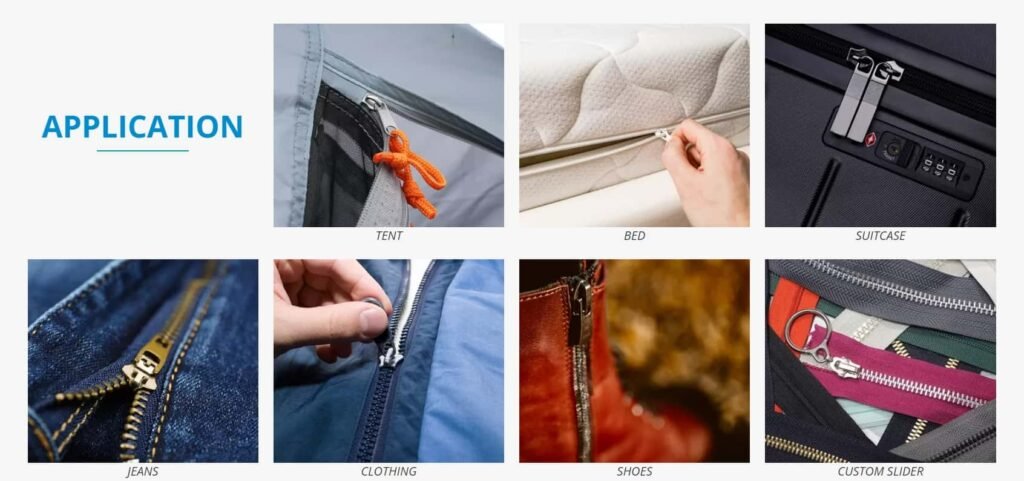 Collection of images showing zipper applications on tent, bed, suitcase, jeans, clothing, shoes and custom sliders