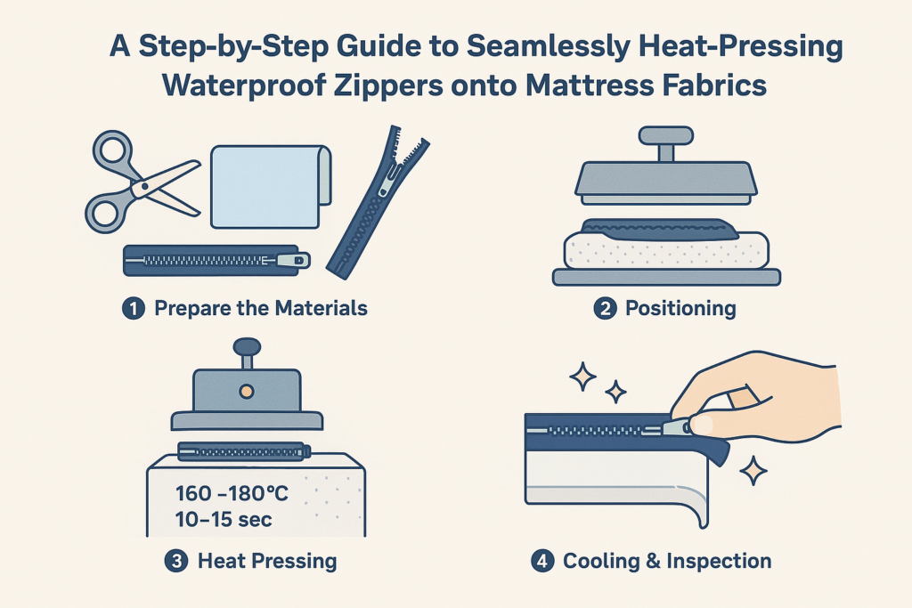 An instructional infographic titled "A Step - by - Step Guide to Seamlessly Heat - Pressing Waterproof Zippers onto Mattress Fabrics", showing four steps: preparing materials (with scissors, fabric, and a zipper), positioning (using a heat - press machine), heat pressing (at 160 - 180°C for 10 - 15 seconds), and cooling & inspection (with a hand zipping the installed zipper).