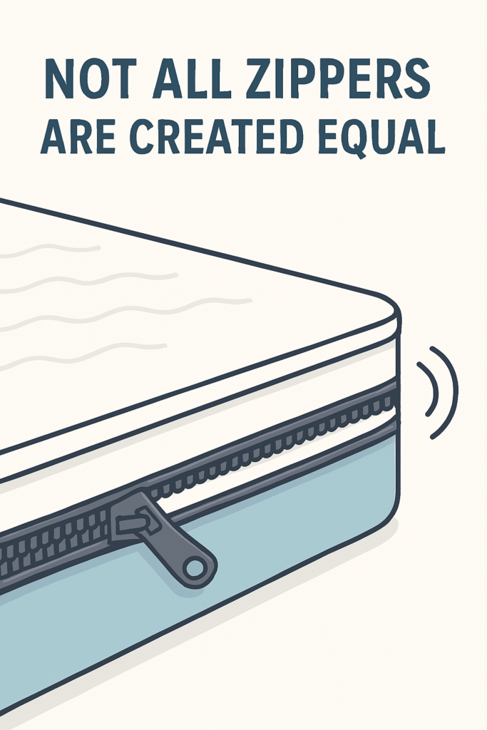 An illustrated graphic of a mattress with a zipper, accompanied by the text "NOT ALL ZIPPERS ARE CREATED EQUAL", emphasizing the quality differences among zippers.