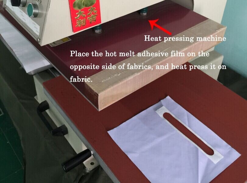 A heat pressing machine with instructions in English: "Place the hot melt adhesive film on the opposite side of fabrics, and heat press it on fabric."