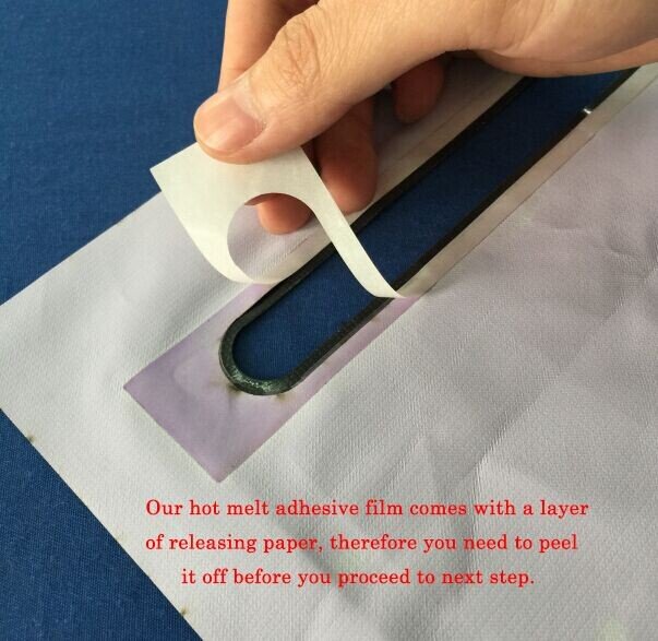A hand peeling off a layer of releasing paper from hot melt adhesive film, with the text: "Our hot melt adhesive film comes with a layer of releasing paper, therefore you need to peel it off before you proceed to next step."