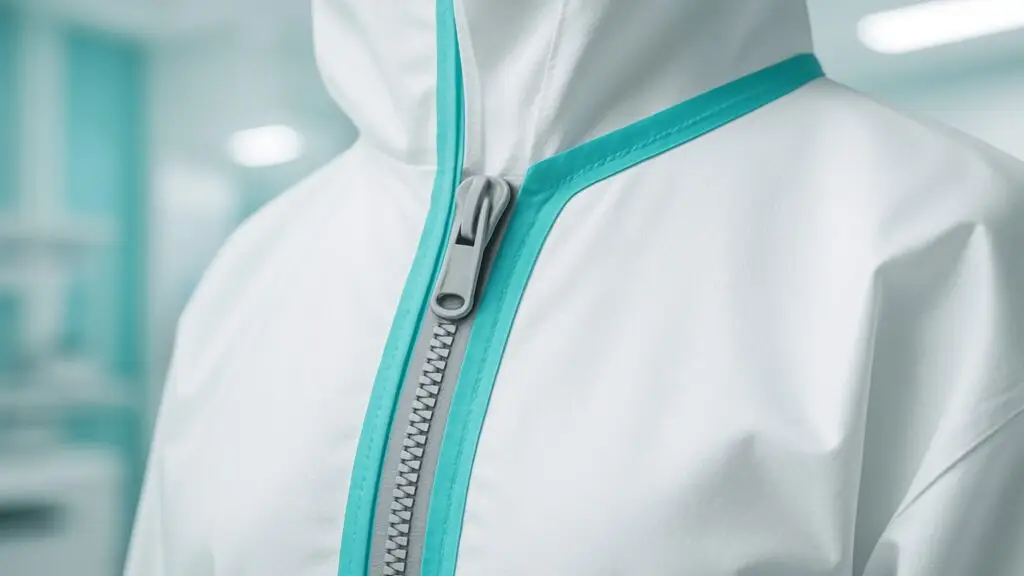 Close - up of a zipper on a white protective suit with turquoise trim.