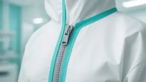 Close - up of a zipper on a white protective suit with turquoise trim.