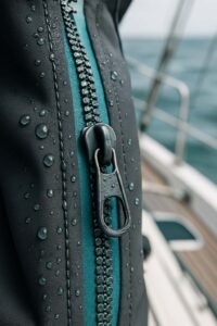 A close - up of a dark jacket's zipper with water droplets on it, set against a blurred background of a boat and the sea, highlighting the zipper's waterproof feature.