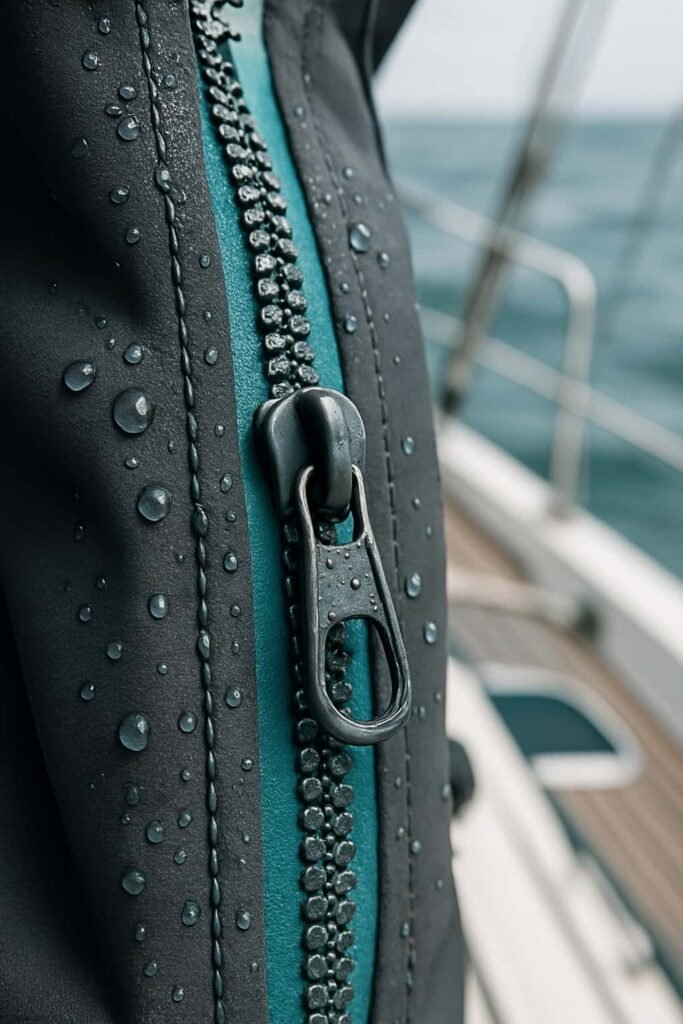 A close - up of a dark jacket's zipper with water droplets on it, set against a blurred background of a boat and the sea, highlighting the zipper's waterproof feature.