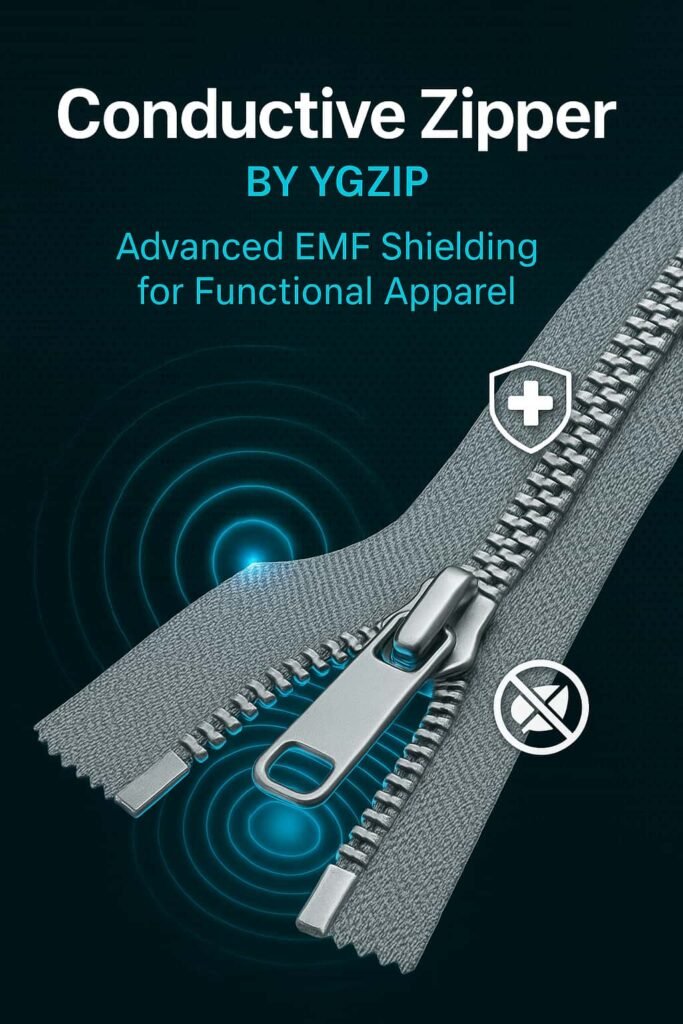 Graphic showcasing YGZIP's conductive zipper with EMF shielding for functional apparel, featuring a metallic zipper and symbols for protection.