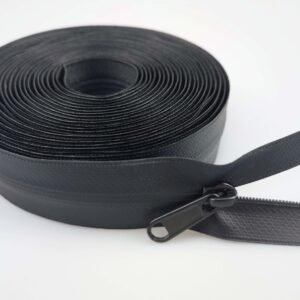 A roll of black waterproof zipper with a black zipper pull, displayed on a white background.