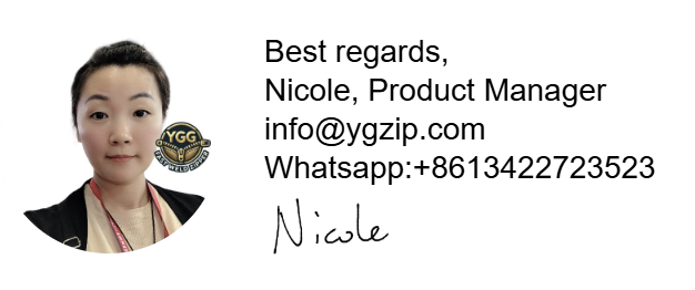 Professional contact card of Nicole, Product Manager at YGG Zipper, with her photo, YGG logo, email (info@ygzip.com), and WhatsApp (+8613422723523), plus her handwritten signature.