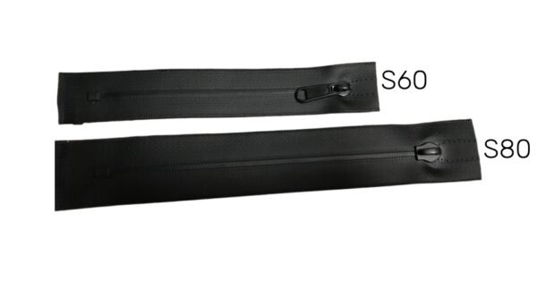 Two black zippers labeled S60 and S80, showcasing different sizes for various applications.