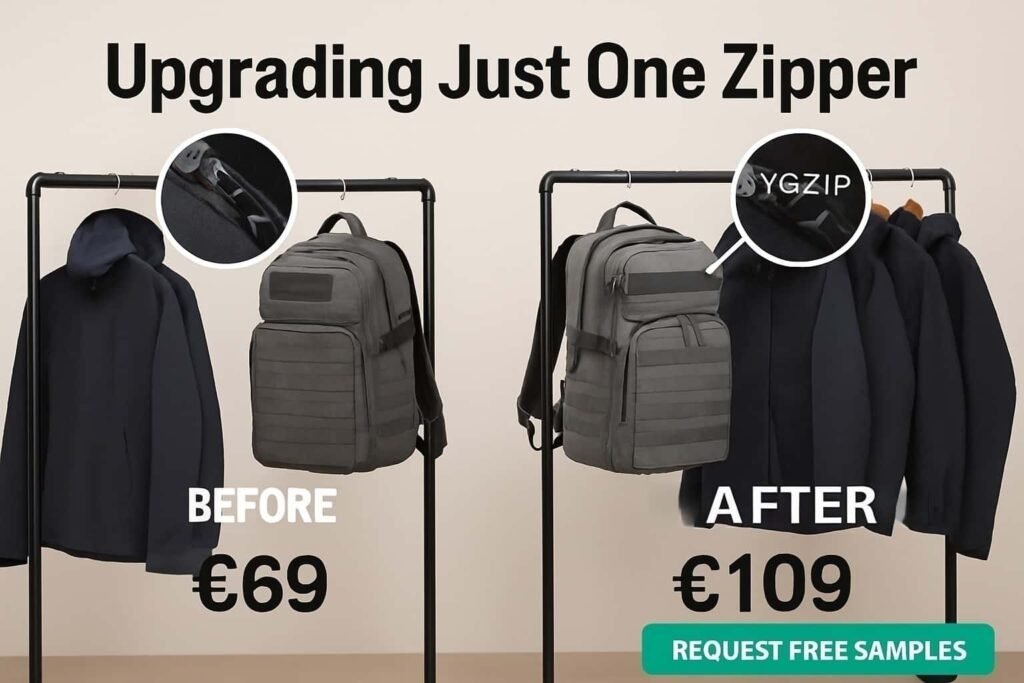 Before - and - after comparison of a backpack and jacket with upgraded YGZIP zipper, showing price increase from €69 to €109, with "REQUEST FREE SAMPLES" call - to - action.