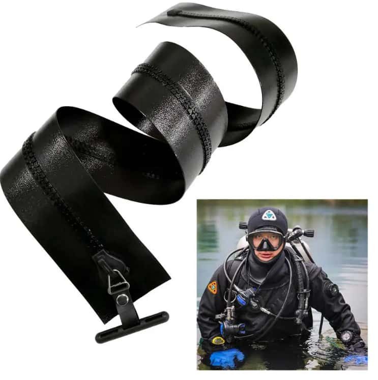 Black heavy-duty waterproof zipper for diving drysuits, with a metal pull tab, shown with a scuba diver in use