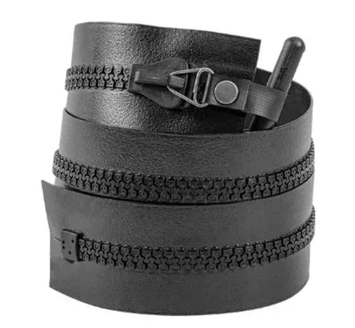 Stack of black waterproof rubber zippers for drysuits, ideal for diving and water sports gear repair