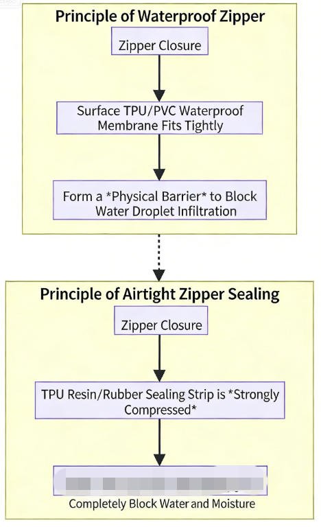 Principle comparison: Waterproof zipper uses TPU membrane for physical water barrier; airtight zipper compresses sealing strips to block water/gas