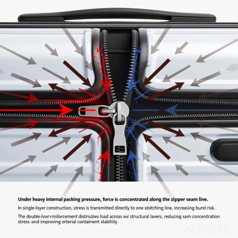 Durable double-layer zipper for travel suitcases: Explains pressure distribution technology to improve luggage durability and prevent zipper failure