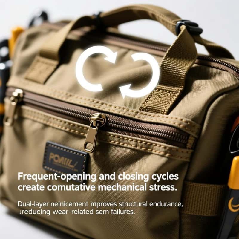 Heavy-duty zipper for professional tool bags: Dual-layer construction enhances durability, ideal for frequent use in industrial and construction environments
