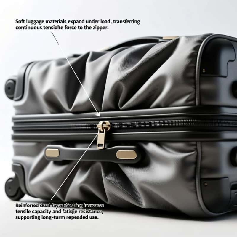 Heavy-duty zipper for soft travel luggage: Dual-layer reinforced construction improves durability for long-term repeated use