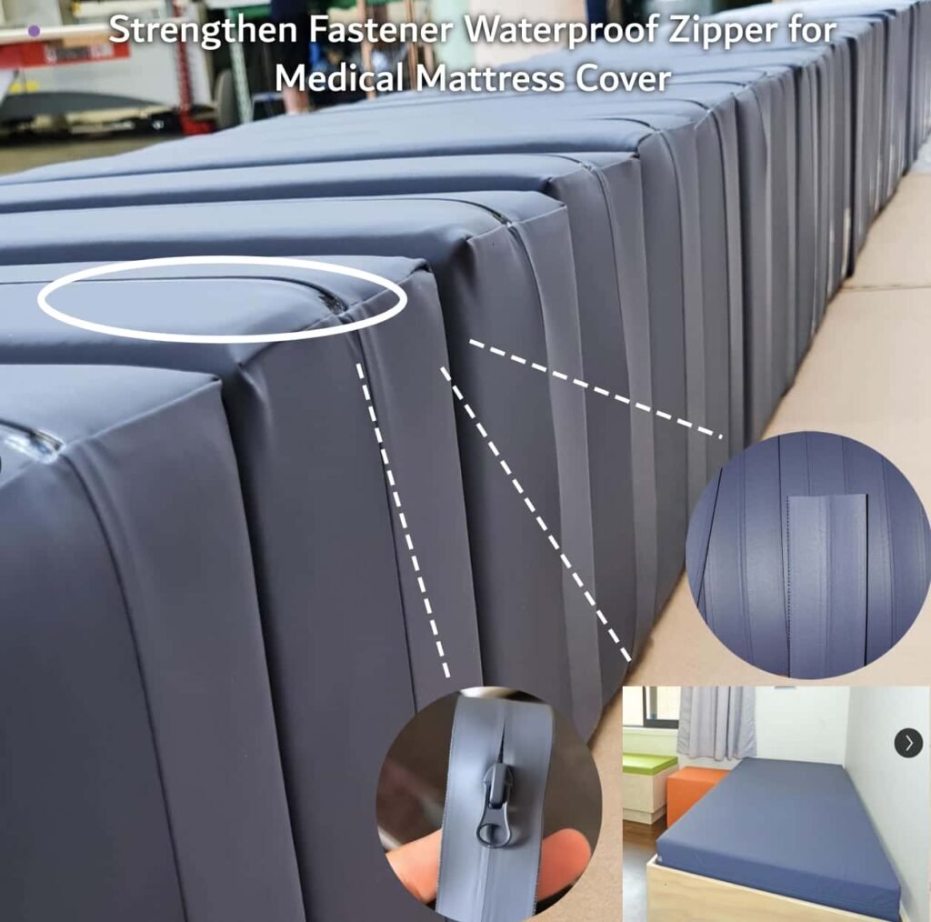 Strengthened waterproof zipper for medical mattress covers, shown in a factory production line with close-up details of the zipper and installed mattress covers