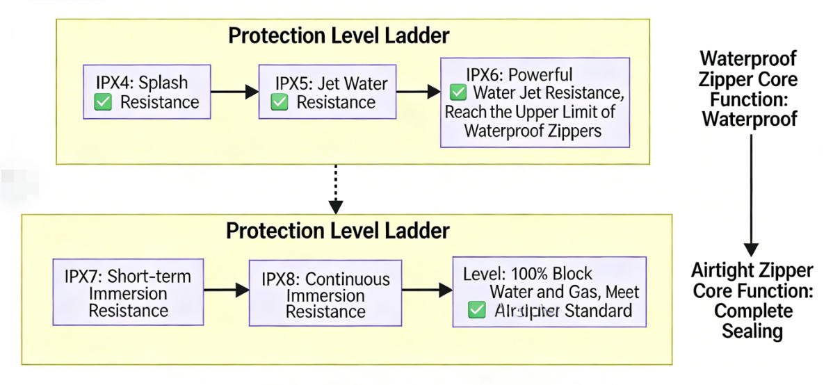 Waterproof vs Airtight Zipper Protection Level Ladder: waterproof (IPX4-IPX6) vs airtight (IPX7-IPX8+ full sealing)