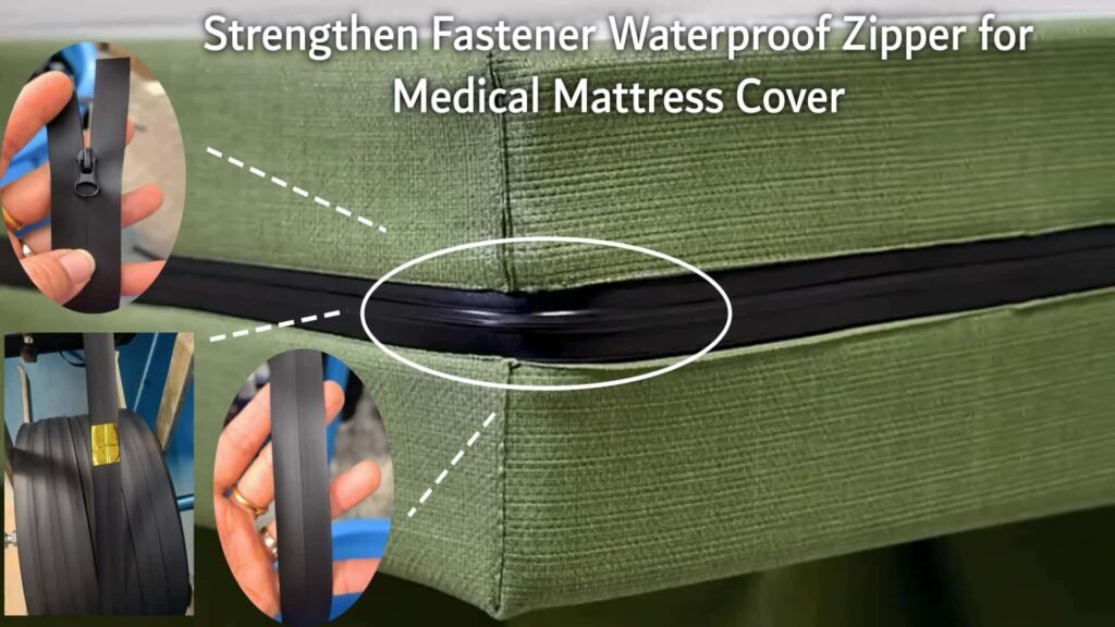 Strengthened waterproof zipper for medical mattress covers, shown installed on a green fabric mattress