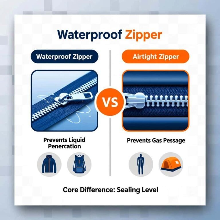 Visual guide to the difference between waterproof and airtight zippers, ideal for scuba diving drysuits, outdoor jackets, and camping equipment