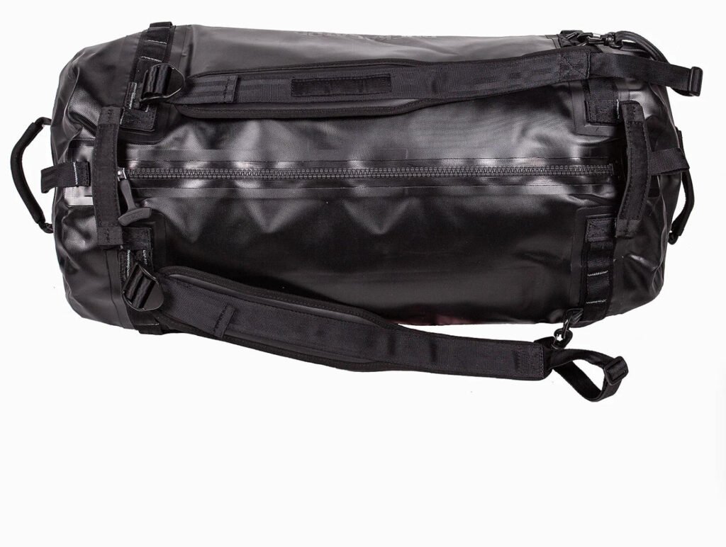 Black heavy-duty waterproof duffel bag with a fully sealed waterproof zipper and adjustable shoulder straps, designed for outdoor water sports and travel